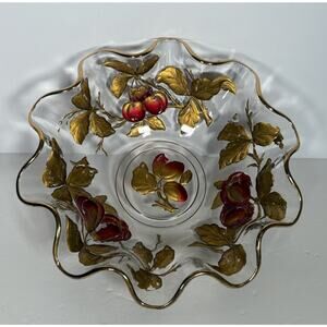 Vintage Glass Intaglio Fruit Bowl Goofus Glass Ruffled Gold Rim Red Fruit